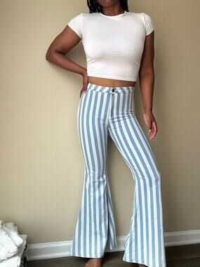 Buddy Love Blue and White Jojo High Waist Stripe Flare Jeans Size 28